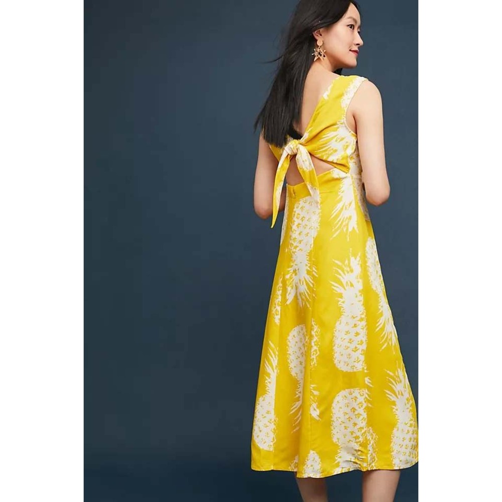 Maeve Anthropologie Pineapple Print Tie Back Cutout Summer Sundress V-Neck SZ 8P